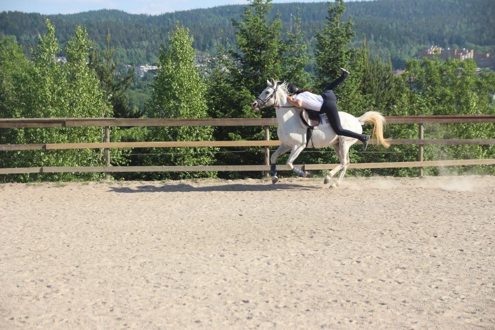 I FART: Det å kunne hoppe av og på i fart er et stort element i Mounted Games. Her øver Yasmina Lahmami (15) med hesten sin «Chicha»
