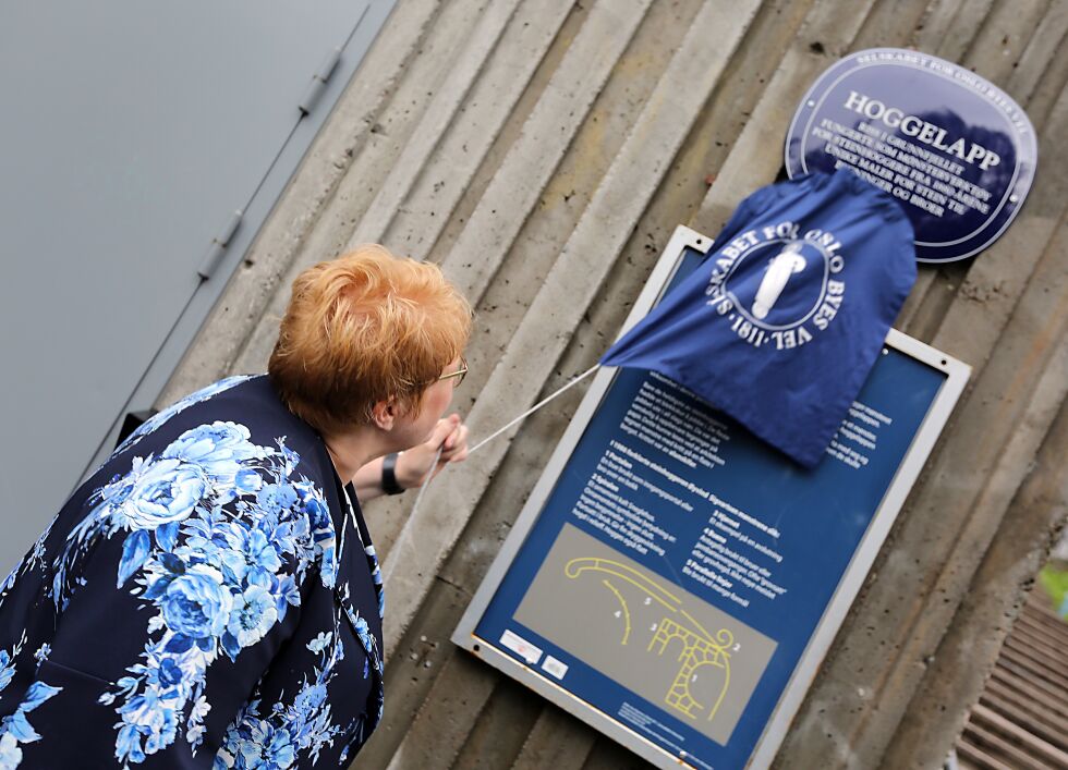 BLÅ AVDUKING: Kultur- og likestillingsminister Trine Skei Grande fikk æren av å avduke Oslo Byes Vels blå skilt. Hun viste også med sin tale at hun har betydelig kunnskap om steinhogger-industriens historie på Grorud/Romsås.
