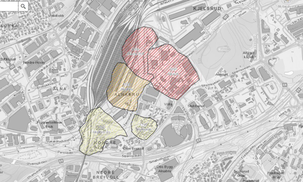 KVIKKLEIRE PÅ ALNABRU: De fargede områdene viser de steden hvor NVE har dokumentert at man finner kvikkleire. De røde områdene har høyest farekategori, basert på sannsynlighet for ras og konsekvens ved et ras. Oransje er nivå tre, og gul er nivå to.